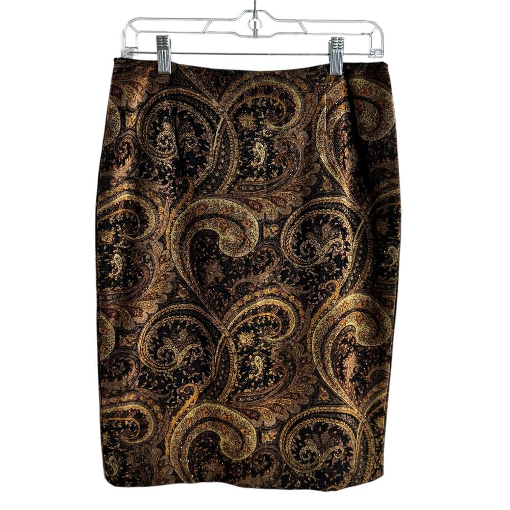 Newport News Skirt Women 6 Brown Black Gold Sparkle Paisley Velvet Y2K 90s Fall